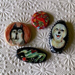 Set of 4 Hand Painted Glass Beads Dogs Birds Flowers